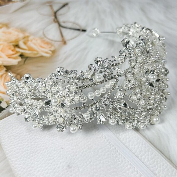 Bridal Pearl Tiara, Silver Rhinestone Crown, Wedding Headband, Birthday Gift main image 6